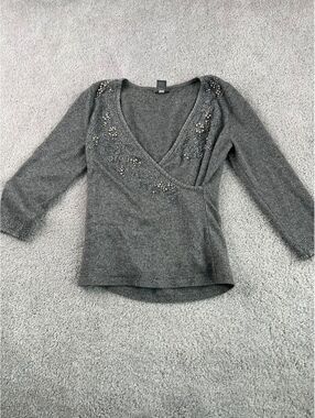 Ann Taylor Gray Beaded Embellished Faux Wrap V Neck Sweater Size S